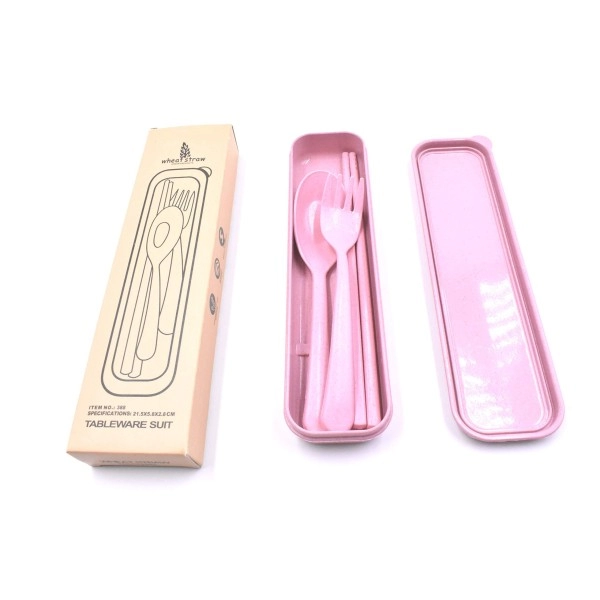 3Pcs Portable Cutlery Blue Boreal Europe Style Healthy Eco-Friendly Wheat Straw Spoon Chopstick Fork Tableware Set For Travel, Picnic, Camping Or Just For Daily Use (Pink)