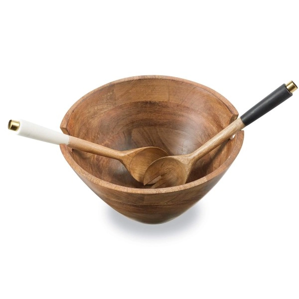 Mud Pie Farmhouse Inspired Wooden Serving Utensils Salad Bowl Set, Brown