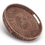 Round Rattan Woven Serving Tray With Handles Ottoman Tray For Breakfast, Drinks, Snack For Coffee Table, Home Decorative (11