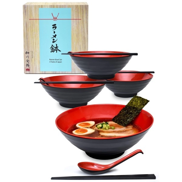 Apex S.K. 2 Sets 51 Ounce Large Japanese Ramen Noodle Soup Bowl Melamine Hard Plastic Dishware Ramen Bowl Set With Matching Spoon And Chopsticks For Udon Soba Pho Asian Noodles (2, Red, 8.6 Inches)