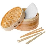 Bamboo Steamer Basket 10 Inch With Chopsticks, Tongs, 50 Paper Liners - 2-Tier Food Steamer For Cooking Dumplings Vegetables Meat Fish Rice - Blauke