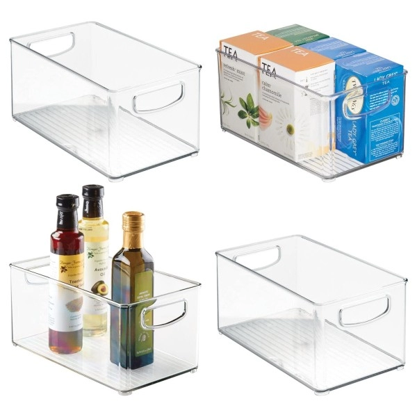 Mdesign Plastic Kitchen Organizer - Storage Holder Bin With Handles For Pantry, Cupboard, Cabinet, Fridge/Freezer, Shelves, Counter - Holds Canned Food, Snacks - Ligne Collection - 4 Pack - Clear