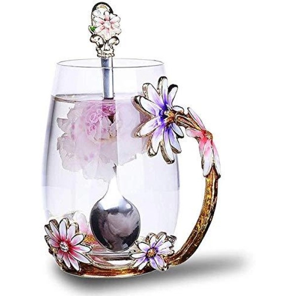 Luka Tech Enamel Flower Lead-Free Glass Coffee Mugs Tea Cup With Steel Spoon, Best Birthday Gifts For Women Wife Mom Friends Mothers Valentines Day Christmas (Purple-Tall)