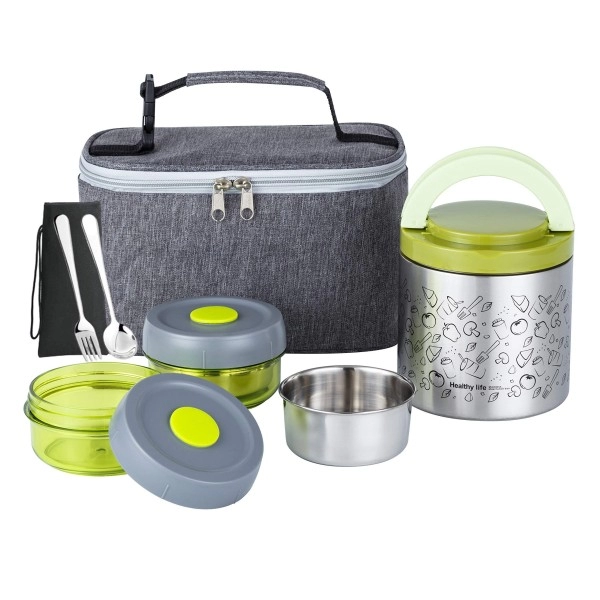 Lille Home Vacuum Insulated Lunch Box Set For Men & Women - Leak-Proof Bento Box, Meal Prep & Food Storage Containers, Lunch Bag, Portable Silverware Set(Green)