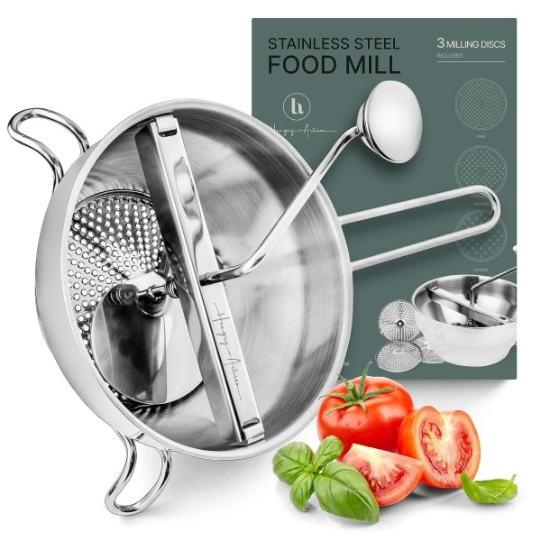 Ergonomic Food Mill Stainless Steel With 3 Grinding Milling Discs, Milling Handle & Stainless Steel Bowl - Rotary Food Mill For Tomato Sauce, Applesauce, Puree, Mashed Potatoes, Jams, Baby Food