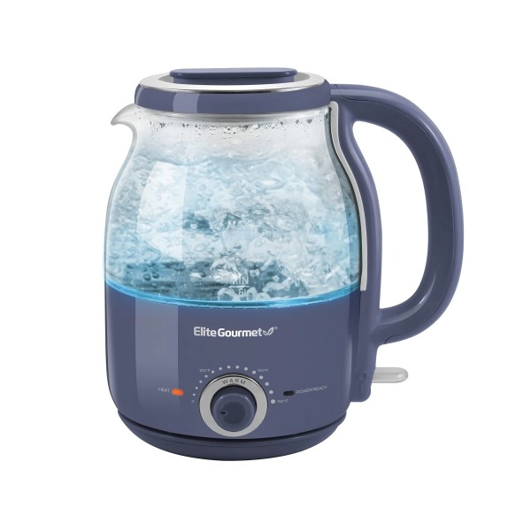 Elite Gourmet Ekt1220Db 1.2L Electric Bpa-Free Glass Kettle, Temperature Dial Keep Warm Function, Cordless 360 Base, Blue Led Interior, Auto Shut-Off Function - Quick Boil, Slate Blue