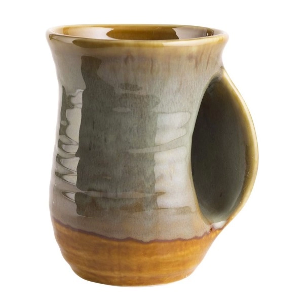 Hand Warmer Mug, Handmade Pottery Ceramic And Hand Painted - The Contoured Pocket Will Hold Warmth From The Heat Of Your Drink To Keep Your Fingers Warm, Comfy Handwarmer (Desert Green) (Right Hand)