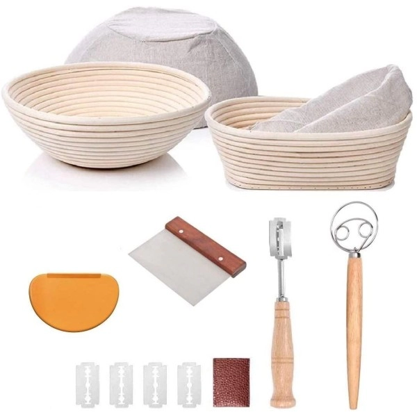 Bread Proofing Basket Set Of 2 Round And Oval, Banneton Proofing Basket + Danish Dough Whisk + Bread Scoring Lame + Stainless Steel Dough Scraper + Flexible Scraper, Sourdough Tools Kit, Baking Gifts