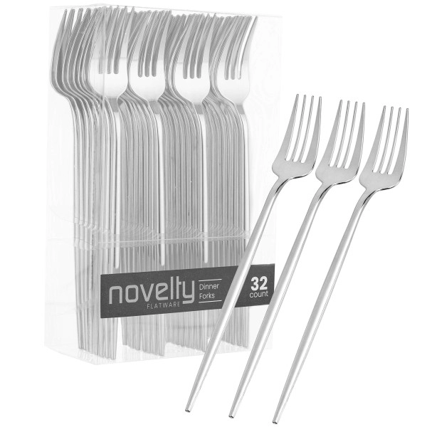 Novelty Modern Flatware, Cutlery, Disposable Plastic Dinner Forks Luxury Silver 32 Count