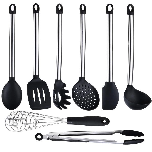 Cook Code Silicone Kitchen Utensil Set 8 Piece Nonstick Cooking Utensils Set Stainless Steel Spoon Turner Tongs Spatula Kitchen Tools Dishwasher Suitable