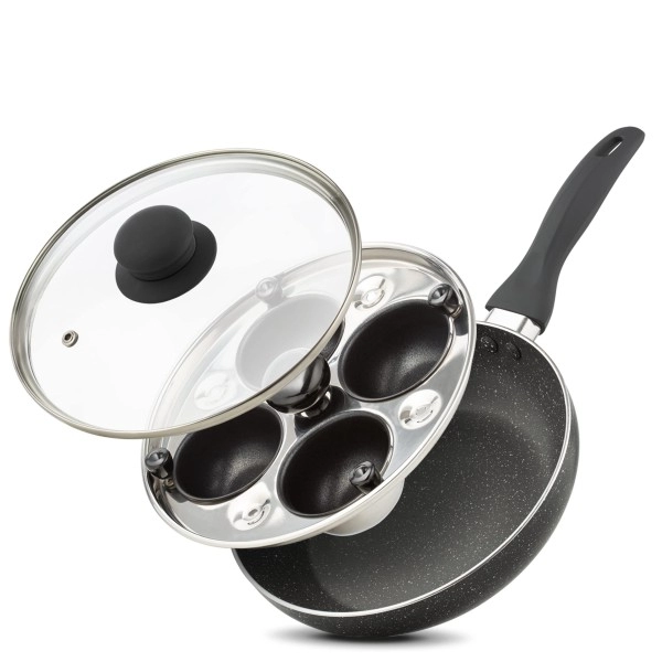 Eggssentials 2 In 1 Egg Pan & Egg Poacher Pan, Granite Nonstick Fry Pan Poached Egg Maker And Frying Skillet With Lid, Poached Eggs Cooker Food Grade Safe Pfoa Free With Spatula, Egg Cookware - 4 Cups