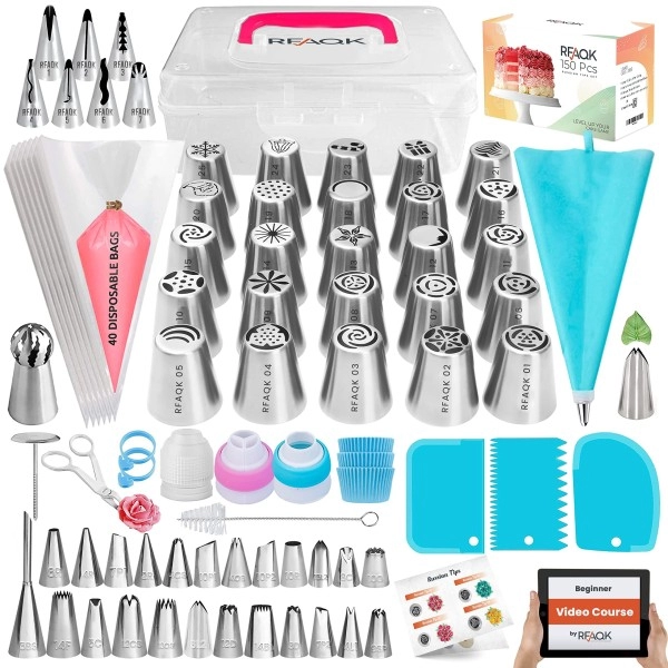 Rfaqk 150Pcs Russian Piping Tips Complete Set With Ebook & Booklet- Piping Bags And Tips Set(24 Icing Tips+25 Russian Tips+7 Ruffle Tips+41 Pastry Bags & Much More) Cookie, Cupcake Cake Decorating Kit