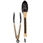 Rae Dunn Everyday Collection Stainless Steel, Beechwood, Silicone Tipped Kitchen Food Bbq And Cooking Tongs Set Of Two- Non Stick Cookware, Bpa Fee, Grill Tongs (Black)