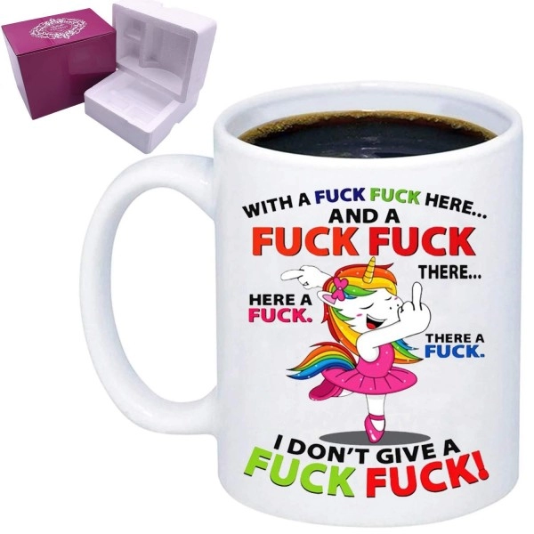 Ldsinc Unicorn With A Fuck Here Mug Cute Fuck Here And There Ceramic Unicorn Coffee Cup White 11Oz, Present And Safety Package