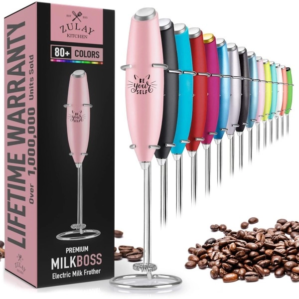 Zulay Powerful Milk Frother Handheld Foam Maker For Lattes - Whisk Drink Mixer For Coffee, Mini Foamer For Cappuccino, Frappe, Matcha, Hot Chocolate By Milk Boss (Teal/Lavender)