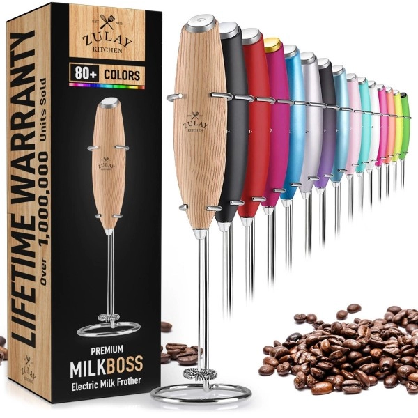 Zulay Powerful Milk Frother Handheld Foam Maker For Lattes - Whisk Drink Mixer For Coffee, Mini Foamer For Cappuccino, Frappe, Matcha, Hot Chocolate By Milk Boss (Maple)