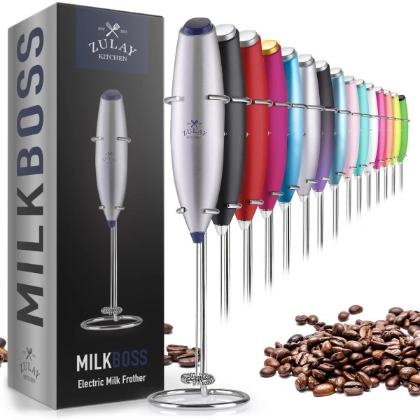 Zulay Powerful Milk Frother Handheld Foam Maker For Lattes - Whisk Drink Mixer For Coffee, Mini Foamer For Cappuccino, Frappe, Matcha, Hot Chocolate By Milk Boss (Silver/Dark Blue)