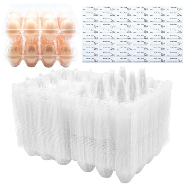 Bulkbuy Egg Cartons 60 Packs, Clear Plastic Blank Egg Cartons With Free Labels, Holds Up To 12 Eggs Securely, Perfect For Family Pasture Farm Markets Display - Medium