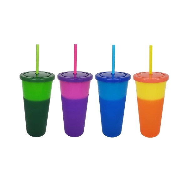 Essential Drinkware 24Oz Instant Color Changing Cups Set Of 4 Reusable Plastic Tumblers With Screw On Lids And Color Straws