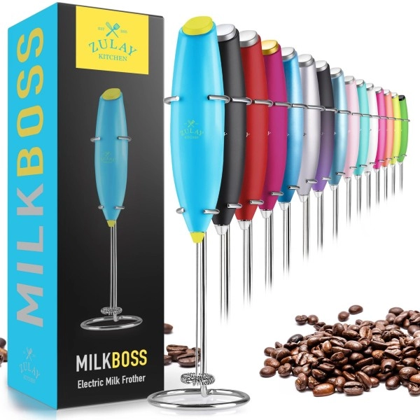 Zulay Powerful Milk Frother Handheld Foam Maker For Lattes - Whisk Drink Mixer For Coffee, Mini Foamer For Cappuccino, Frappe, Matcha, Hot Chocolate By Milk Boss (Teal/Yellow)