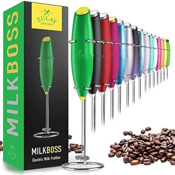 Zulay Powerful Milk Frother Handheld Foam Maker For Lattes - Whisk Drink Mixer For Coffee, Mini Foamer For Cappuccino, Frappe, Matcha, Hot Chocolate By Milk Boss (Green/Yellow)