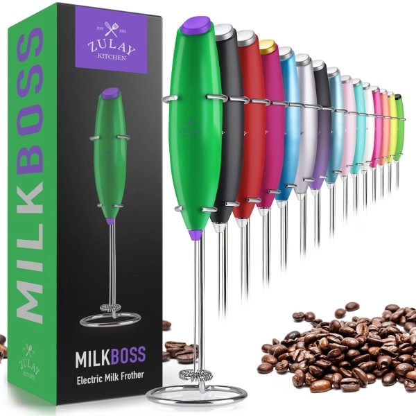 Zulay Powerful Milk Frother Handheld Foam Maker For Lattes - Whisk Drink Mixer For Coffee, Mini Foamer For Cappuccino, Frappe, Matcha, Hot Chocolate By Milk Boss (Green/Purple)