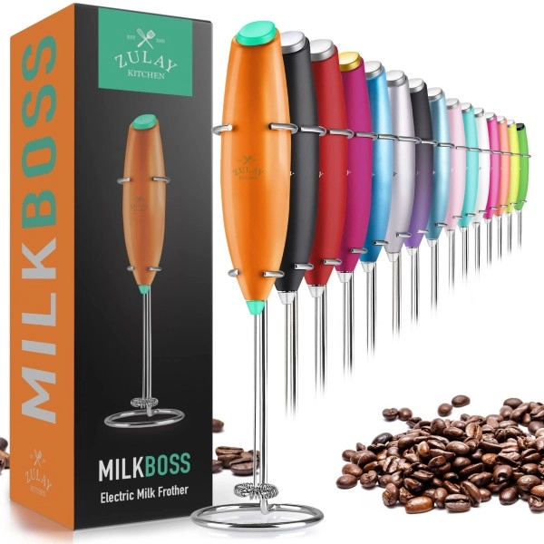 Zulay Powerful Milk Frother Handheld Foam Maker For Lattes - Whisk Drink Mixer For Coffee, Mini Foamer For Cappuccino, Frappe, Matcha, Hot Chocolate By Milk Boss (Orange/Green)