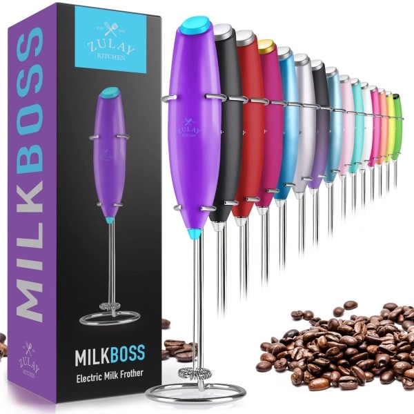 Zulay Powerful Milk Frother Handheld Foam Maker For Lattes - Whisk Drink Mixer For Coffee, Mini Foamer For Cappuccino, Frappe, Matcha, Hot Chocolate By Milk Boss (Purple/Teal)