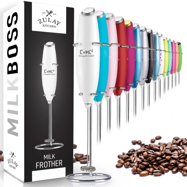 Zulay Powerful Milk Frother Handheld Foam Maker For Lattes - Whisk Drink Mixer For Coffee, Mini Foamer For Cappuccino, Frappe, Matcha, Hot Chocolate By Milk Boss (Emc2 - White)