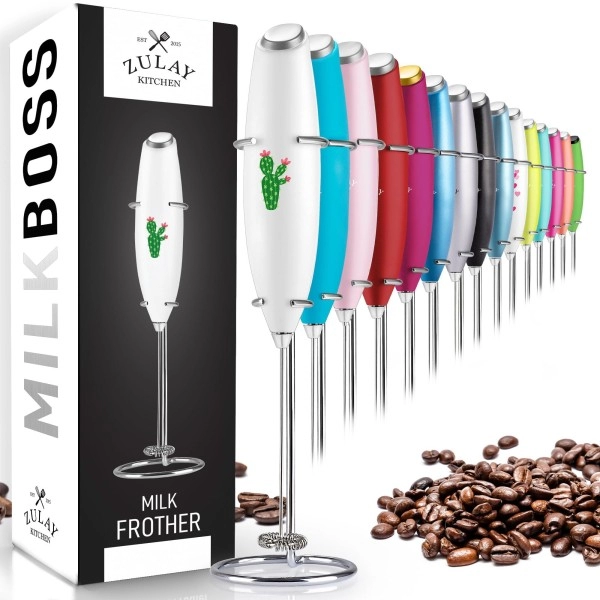 Zulay Powerful Milk Frother Handheld Foam Maker For Lattes - Whisk Drink Mixer For Coffee, Mini Foamer For Cappuccino, Frappe, Matcha, Hot Chocolate By Milk Boss (White Cactus)