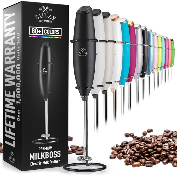 Zulay Powerful Milk Frother Handheld Foam Maker For Lattes - Whisk Drink Mixer For Coffee, Mini Foamer For Cappuccino, Frappe, Matcha, Hot Chocolate By Milk Boss (Exec Black With Black Stand)