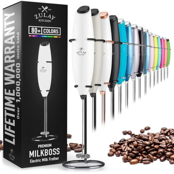 Zulay Powerful Milk Frother Handheld Foam Maker For Lattes - Whisk Drink Mixer For Coffee, Mini Foamer For Cappuccino, Frappe, Matcha, Hot Chocolate By Milk Boss (Exec White With Black Stand)