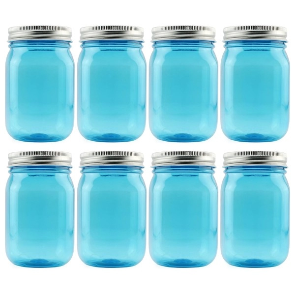 Cornucopia 16Oz Plastic Mason Jars (8-Pack, Blue W/Silver Metal Lids); Pet Bpa-Free Mason Jars With One Piece Lids, 2-Cup/Pint Capacity