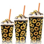 3 Pack Iced Coffee Cup Sleeve For Large Sized Cups, Reusable Neoprene Iced Coffee Cup Holder For Hot Cold Drinks, Compatible With Starbucks, Dunkin Donuts, And More(Black Sunflower)