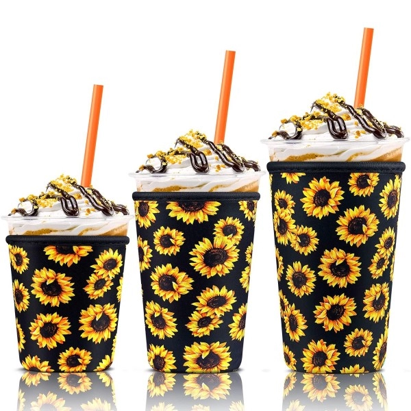 3 Pack Iced Coffee Cup Sleeve For Large Sized Cups, Reusable Neoprene Iced Coffee Cup Holder For Hot Cold Drinks, Compatible With Starbucks, Dunkin Donuts, And More(Black Sunflower)