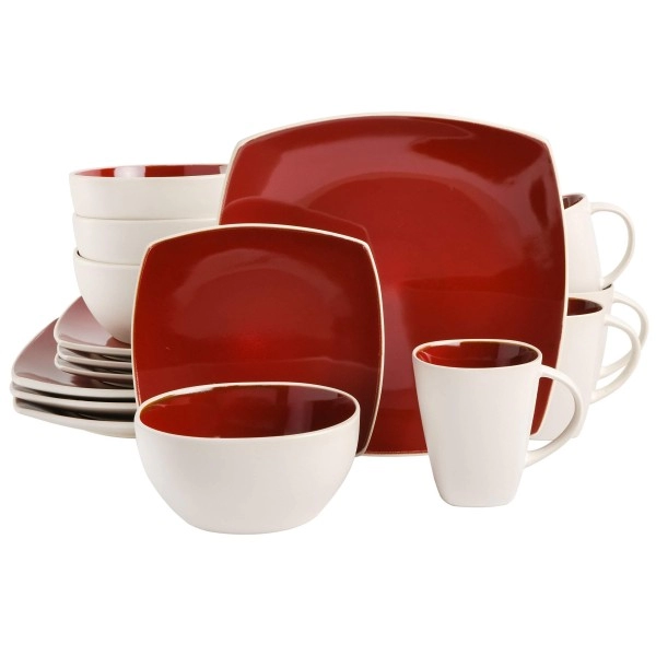 Gibson Soho Lounge Square Reactive Glaze Stoneware Dinnerware Set, Service For 4 (16Pc), Red/White