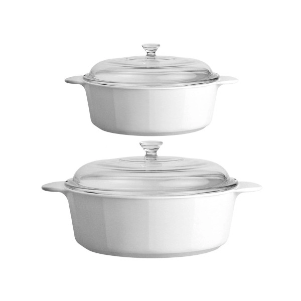 Corning Ware 3.5 And 2.5 Quart (3.25 And 2.25 Liter) 2 Dimensions 4-Piece Set Casserole Dishes Glass Wlid Pyroceram Classic Cooking Pot With Handles And Glass Cover Round Shape - White Large, Medium