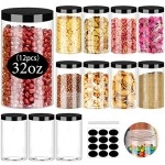 Clear Plastic Jars 32Oz 12Pack Big Round Pet Plastic Containers With Black Screw On Lids Reusable Empty Storage Jars With Lid Clear Containers Easy Clean For Household And Kitchen Organizing