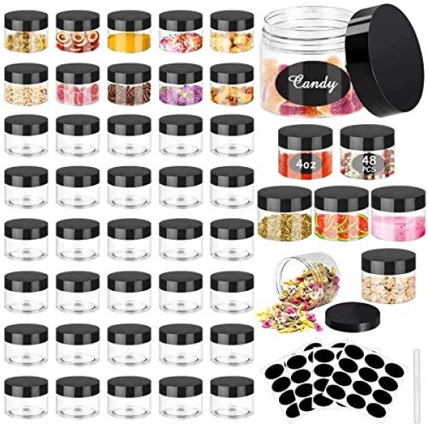 4Oz Plastic Jars 48Pcs Wide Mouth Round Clear Container Jars With Black Lids Stackable Empty Slime Jars Refillable Clear Airtight Travel Storage Jars For Kitchen Use Beauty Products And More