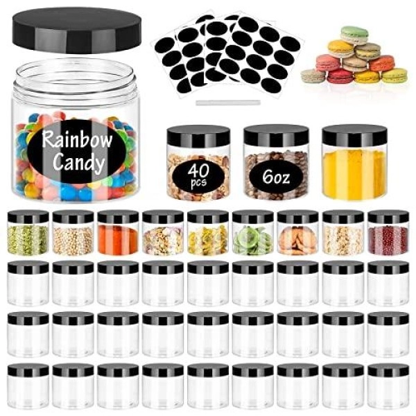 6Oz Plastic Jars With Black Lids 40Pcs Empty Pot Jars Round Refillable Clear Slime Containers Airtight Plastic For Travel Storage Home Kitchen Food Slime Making