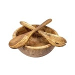 Aramedia Handmade Carved By Artisans - Olive Wood Serving Rustic Edge Bowl For Fruit Or Salad With Servers Utensils, Large 12