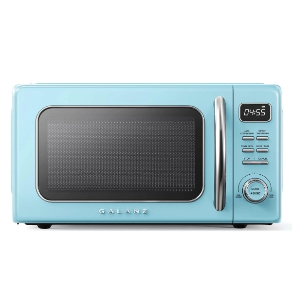 Galanz Glcmkz11Ber10 Retro Countertop Microwave Oven With Auto Cook & Reheat, Defrost, Quick Start Functions, Easy Clean With Glass Turntable, Pull Handle, 1.1 Cu Ft, Blue