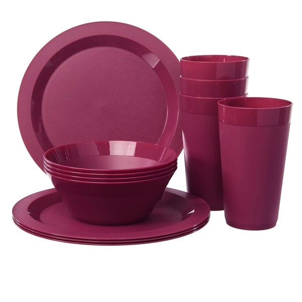 Us Acrylic Newport Plastic Plate, Bowl And Tumbler Dinnerware Set For 4 In Pink Berry 12-Piece Drinking And Dining Set Reusable, Bpa-Free, Made In The Usa, Top-Rack Dishwasher Safe