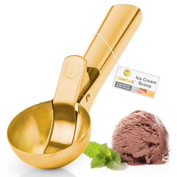 Yastant Premium Large Ice Cream Scoop With Trigger Ice Cream Scooper Stainless Steel, Heavy Duty Metal Icecream Scoop Spoon Dishwasher Safe, Perfect For Frozen Yogurt, Gelatos, Sundaes, Large Gold