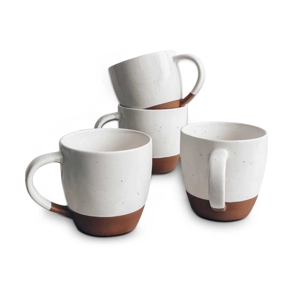 Mora Ceramic Large Latte Mug Set Of 4, 16Oz - Microwavable, Porcelain Coffee Cups With Big Handle - Modern, Boho, Unique Style For Any Kitchen. Microwave Safe Stoneware - Vanilla White