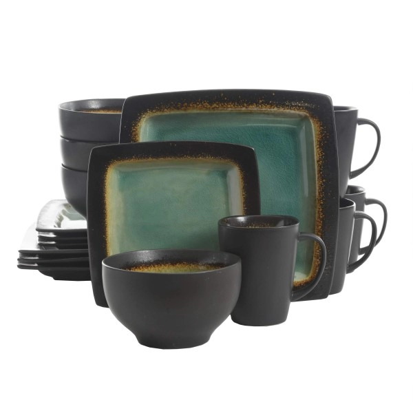 Gibson Elite Ocean Paradise Square Reactive Glaze Stoneware Dinnerware Set, Service For 4 (16Pcs), Jade