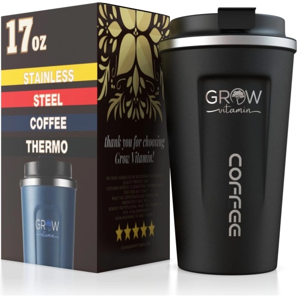 Grow Vitamin Travel Coffee Mug, Vacuum Insulated Tumbler Double Wall Stainless Steel Coffee Thermal Cup With Screw Lid - Spill Proof - 17 Oz