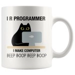 Panvola I R Programmer I Make Computer Beep Cat Lover Programming Student Graduation Gift Ceramic Coffee Mug (11 Oz)