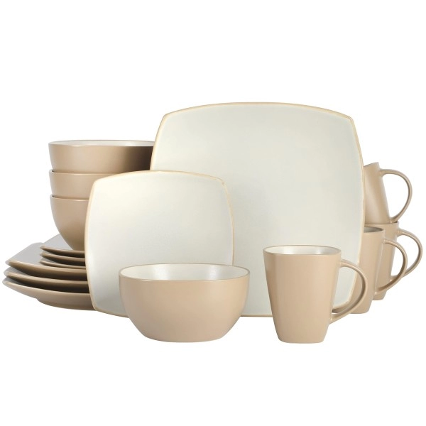 Gibson Soho Lounge Square Reactive Glaze Stoneware Dinnerware Set, Service For 4 (16Pc), Tan