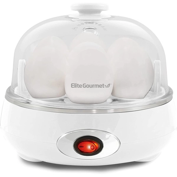 Elite Gourmet Egc007Chw Easy Electric 7 Egg Capacity Cooker, Poacher, Omelet Maker, Scrambled, Soft, Medium, Hard Boiled With Auto Shut-Off And Buzzer, Bpa Free, Classic White